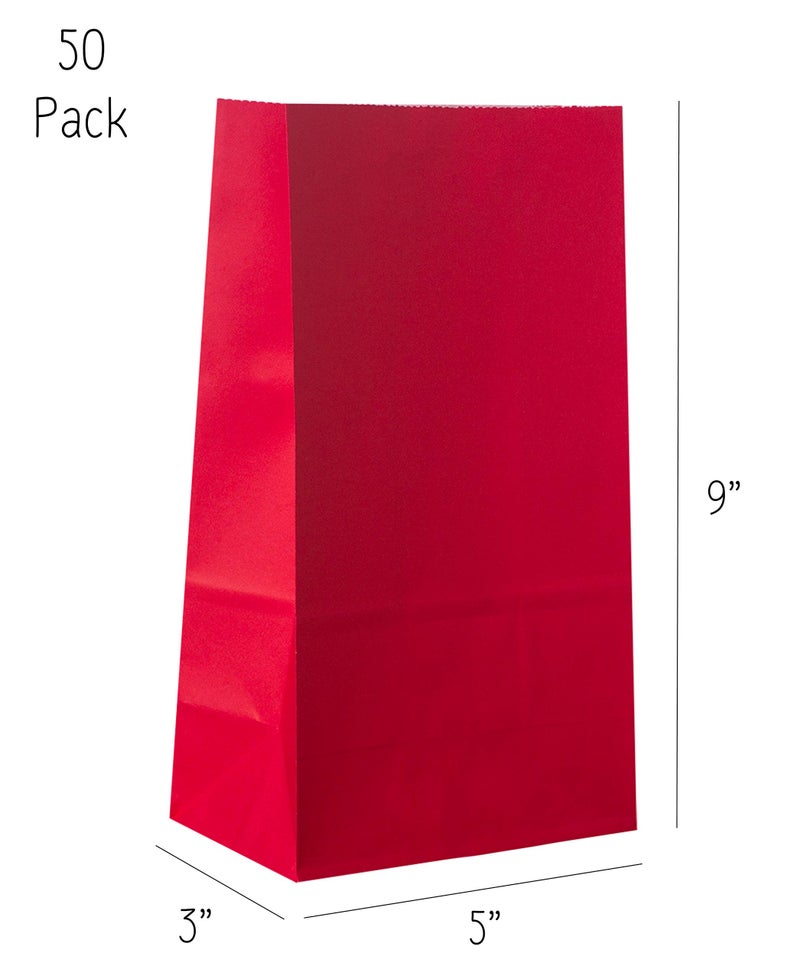 Partay Shenanigans Party Favor Bags - 50 Pack Kraft Paper Goodie Gift Lunch Treat Bags and Party Supplies for Theme Kids Birthday, July 4th, Christmas, CNY - 5"x3"x9" (Red) - Image 2